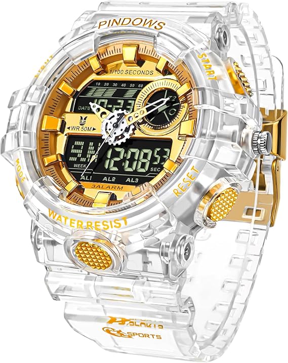 PINDOWS Men's Analogue Digital Watch, Clear Gold, 50M Water Resistant