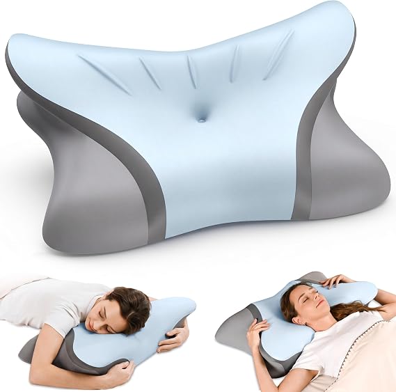 Pain Relief Cervical Neck Pillow, Ergonomic Contour | Q-Max Cooling | Non-Temperature Memory Foam | Side/Back/Stomach Sleeper Support for Sleeping, Reading, Scrolling (Blue & Dark Grey)