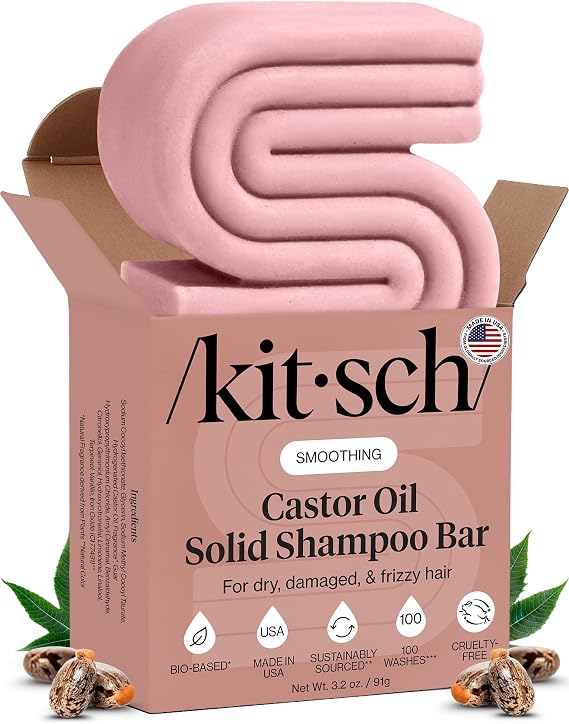 Kitsch Castor Oil Solid Shampoo Bar 91g - Hydrating & Moisturizing Hair Care - Organic Castor Oil Solid Shampoo for Hair Growth & Scalp Nourishment - Silicone & Paraben-Free, Vegan