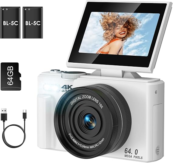 4K Digital Camera for Photography, Autofocus Anti-Shake 64MP Vlogging Camera for YouTube, 3'' 180 Flip Screen 18X Zoom Compact Camera with 64GB SD Card and 2 Batteries for Beginner Teenager, White