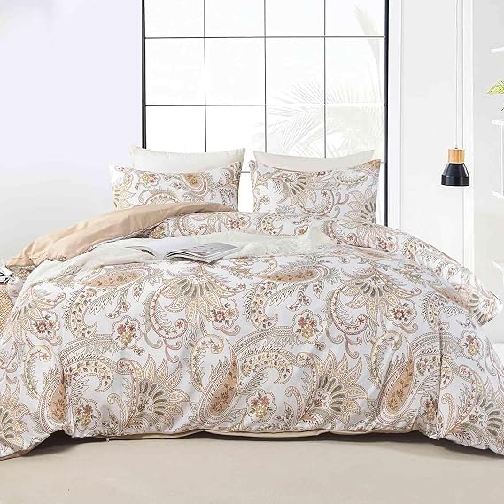 Nanko Paisley Duvet Cover Set Queen Size, Tan Taupe Classy Boho Damask Printed Pattern Bed Set, Soft Microfiber Reversible Comforter Bedding Cover with Zip Ties - Farmhouse for Women Men, 3 Pcs 90 x90