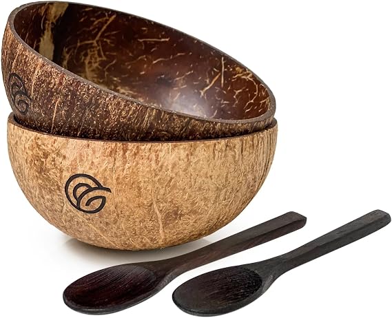 Coconut Bowls and Wooden Spoons Set of 2 Natural, Hand-Crafted, Vegan-Friendly, Salad, Smoothie or Buddha Bowl and Kitchen Utensils (2 Natural Bowls & Spoons)