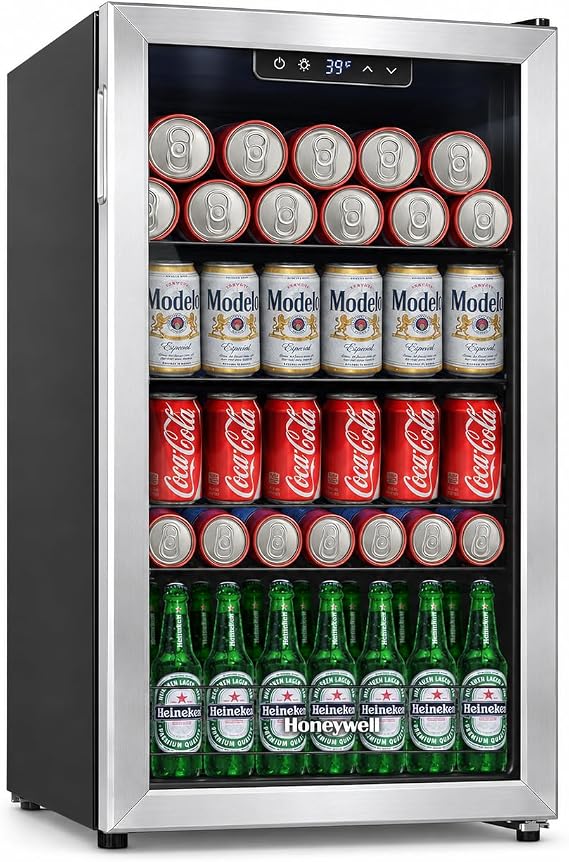 Honeywell Beverage Refrigerator and Cooler, 116 Can Mini Fridge with Glass Door for Soda Beer or Wine for Office or Bar with Adjustable Removable Shelving, Commercial Grade