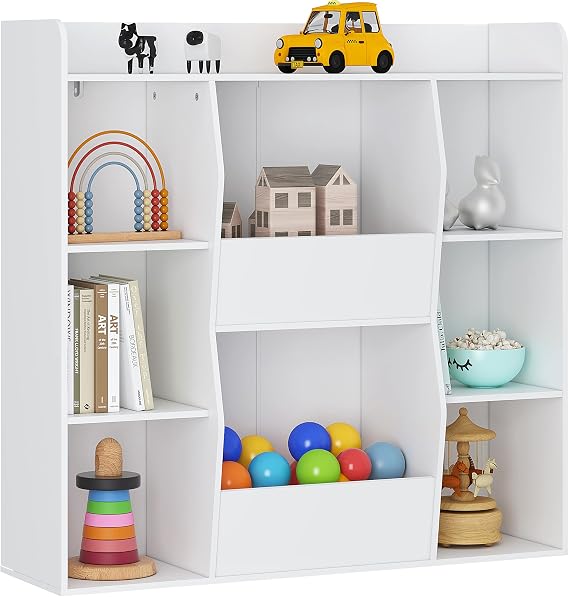 UTEX Multifunctional Bookcase with 8 Cubbies and Bins, Open Bookshelf Organizer Display Stand, Large Toy Storage Cabinet for Kids Room, Classroom, Nursery, White