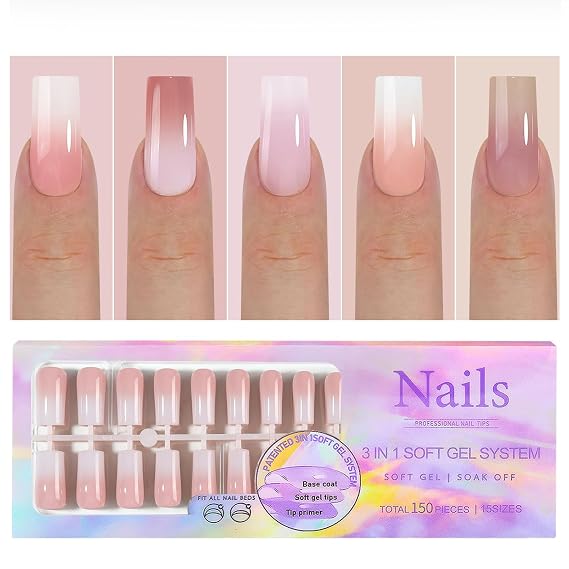 150 Pcs Press on Nails Long - White Gradient Glue on Nails Medium Acrylic Nails Nail Tips Square Stick on Nails Square Nail Tips Coffin Press on Nails for Gift