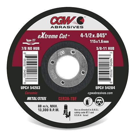 CGW Abrasives Extreme Cut Ceramic Cutting Wheels - 54287-6 X.045X7/8 T27 CER36-T-BF - (25 Pack)