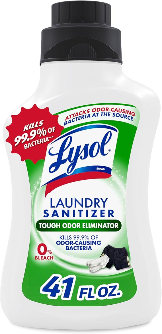 Lysol Tough Odor Eliminator Laundry Sanitizer Additive, Sanitizing Liquid for Gym Clothes and Activewear, 0% Bleach, Eliminates Odor Causing Bacteria, 41oz