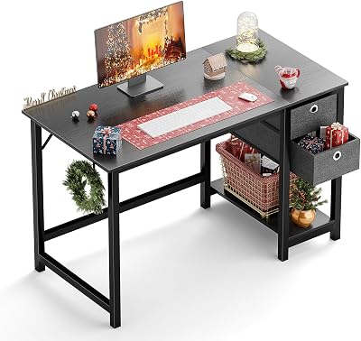 OLIXIS Computer Desk with Drawers 48 Inch Office Small Spaces Table Writing Simple Modern Work PC Student Wooden Desktop with Headphone Hook Side Bag for Bedroom, Home, Room, Black, 48-Inch