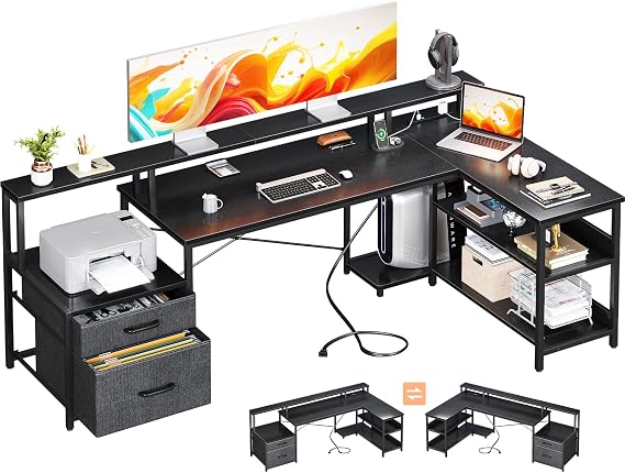 ODK Computer Desk, 2 Drawers, Gaming Desk, with Outlets, L-Shaped Desk with Shelf, Desk, PC Desk, Study Desk, Office Works, 6.7 inches 172 cm, Width for Home Work, Easy Assembly, Black