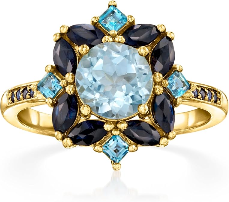 Ross-Simons 1.50 Carat Sky Blue Topaz, .68 ct. t.w. Sapphire and .30 ct. t.w. London Blue Topaz Ring in 18kt Gold Over Sterling