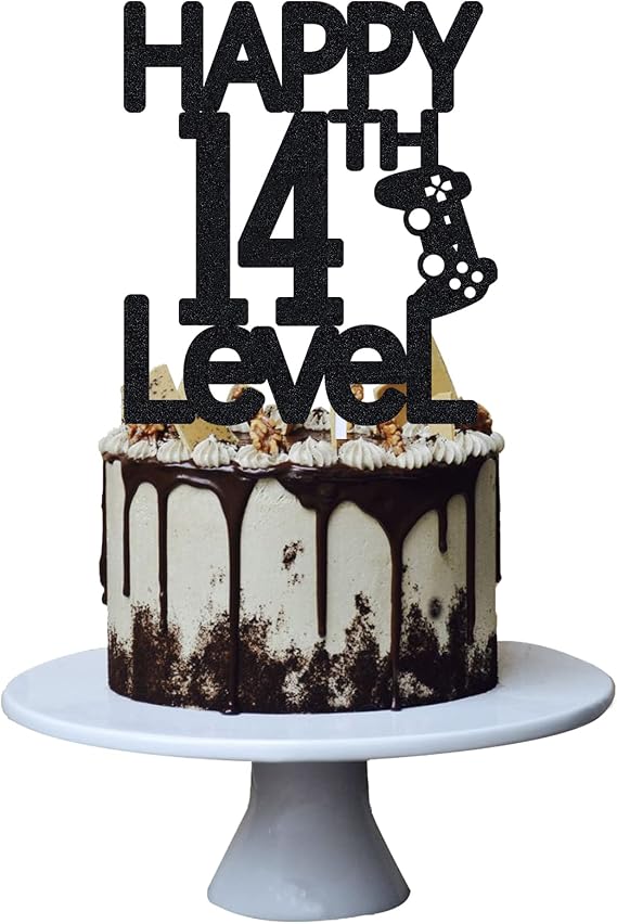 Level 14th Birthday Cake Topper for Boy 14 year Video Game Theme Party Decoration , Handmade (Black)