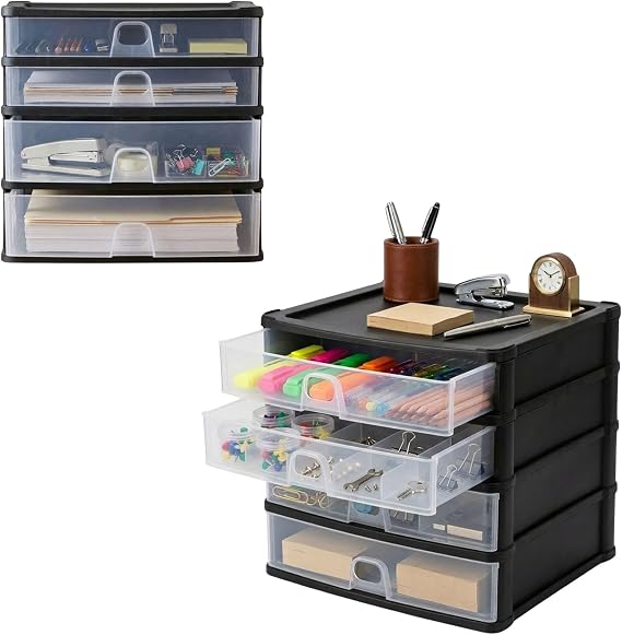 A4 Plastic Drawer, 2 Deep & 2 Shallow Storage Box, 4-Drawers Desktop Paper Cabinet, Space Saving Desktop Storage Tower, Easy Pull Out Finger Hole Tabletop Organiser For Workspace Home 37800