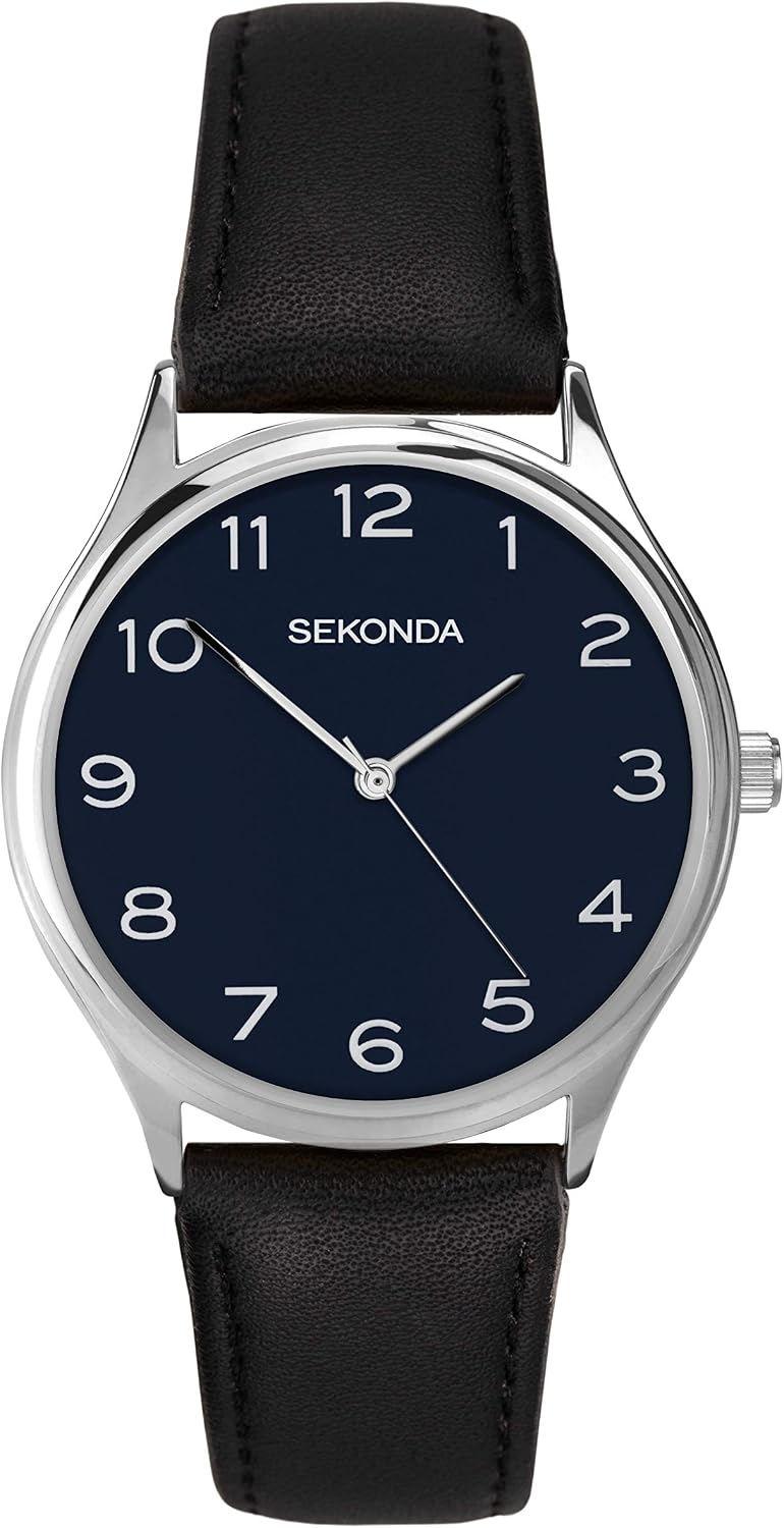 Sekonda Mens Classic Analog Quartz Watch Midnight Blue Dial and Black Leather Strap 1852, Strap, BlackWhite, Strap
