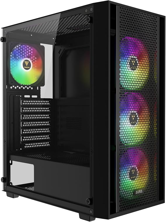 GAMDIAS AURA GC2 ELITE ARGB ATX Mid Tower PC Case, 4 x 120mm ARGB Fan, High Airflow Mesh Front Panel, Tool-Free Tempered Glass Side Panel, Black