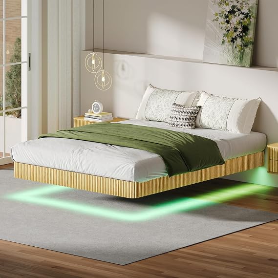 Queen/King Floating Bed Frame with LED Lights, Modern Fluted Platform Bed with Heavy Duty Metal Slats, Wave Curve Wood Texture Design, Noise-Free, No Box Spring Needed (Oak,Queen)