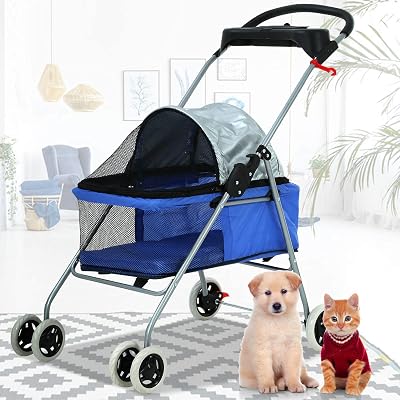 Dog Stroller Pet Cat 4 Wheels Folding with Cup Holder Durable Waterproof Strollers Portable Travel Strolling Cart wZippered Mesh Windows & Pad Canopy,Blue,