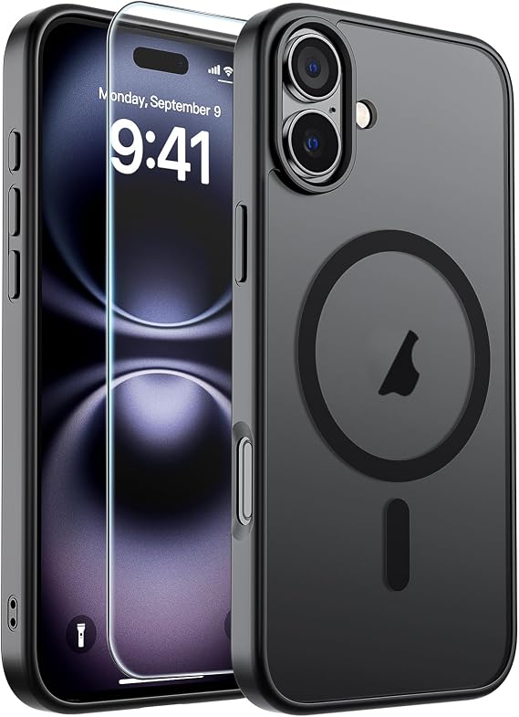 SUPFINE iPhone 16 için Manyetik Kılıf [MagSafe ile Uyumlu] [10 FT Askeri Sınıf Düşme Koruması] İnce Yarı Saydam Mat Darbeye Dayanıklı Parmak İzi Önleyici Telefon Kılıfı, Siyah