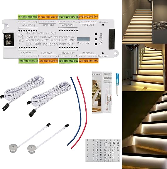 Stair Light Controller Kit, Motion Sensor LED Stairs Lighting, Automatic Ladder Light Controller Step System, 32 Channels LED Stair Lighting, 12/24V Stairway Lights Sensor Controlling Kit [Energy Class A]