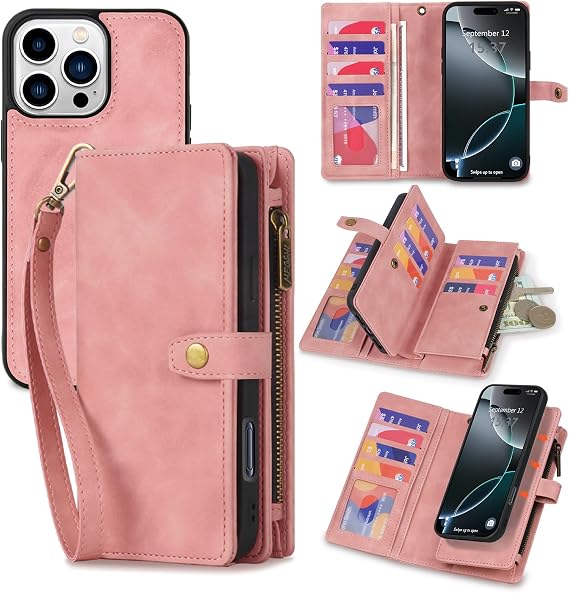 TwoHead Wallet Case for iPhone 16 Pro Max,with 11 Card Holders,Pink | Magnetic Case for iPhone 16 Pro Max,Detachable Zipper Wallet,with Wrist Strap,PU Leather,All-Round Protective Flip Cover