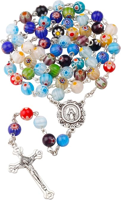 Multicolor Murano Glass Beads Catholic Virgin Mary Rosary Necklace | 8mm Murano Mixed Flower Pattern Beads, Jesus Crucifix Cross Pendant, with PU Leather Bag