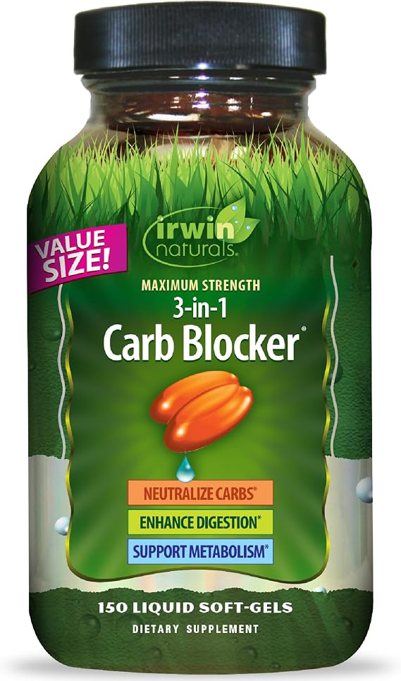 Irwin Naturals 3-in-1 Carb Blocker Maximum Strength Metabolism Support | With White Kidney Bean + Chromium | Digestive Enzymes & Carbohydrate Support | 150 Liquid Soft-Gels