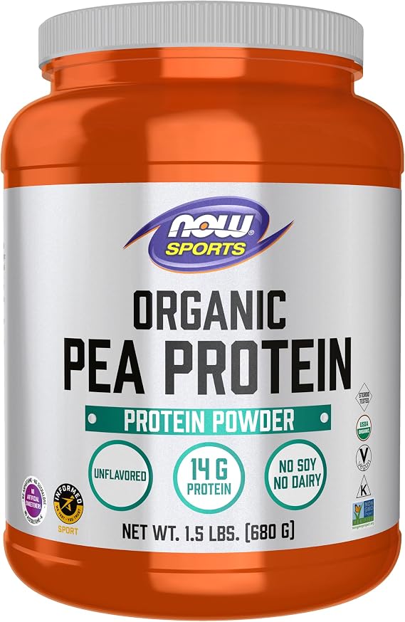 NOW Foods Sports Nutrition, Certified Organic Pea Protein 15 Grams, Unflavored Powder, 1.5-Pound