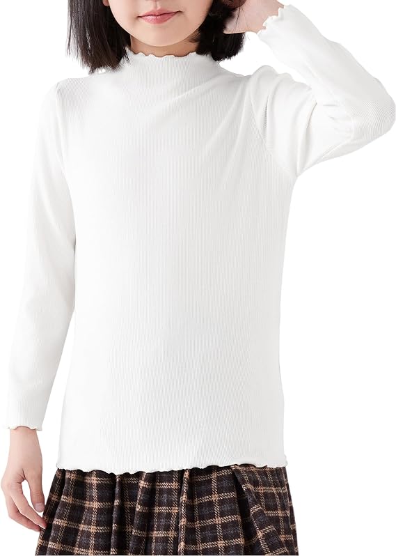 ACESTAR Girls Solid Lettuce Trim Mock Neck Shirt Long Sleeve Slim Fit Ribbed Knit Tee Ruffle Tops Soft Base Layer