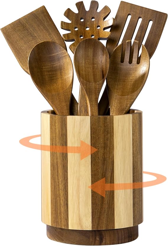Wooden Utensil Holder, 360° Rotating Acacia Wood Kitchen Utensil Holder for Countertop, 7.2" Non-Slip Large Utensil Holder for Kitchen, Farmhouse Countertop Decor, Spatula Holders, Stripes