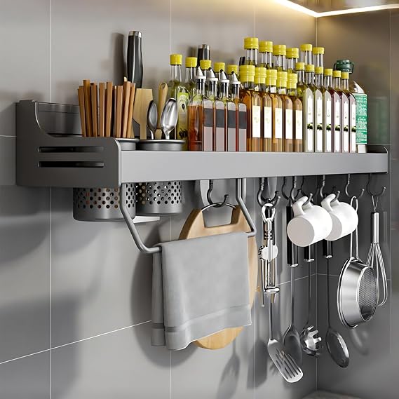 Spice Rack Wall Mounted, Shelf Hanging Kitchen, Utensil Rack, Kitchen Shelf Organiser, Cutlery Holder Organiser, Wall Mounted Seasoning Organizer, Gray, 50cm