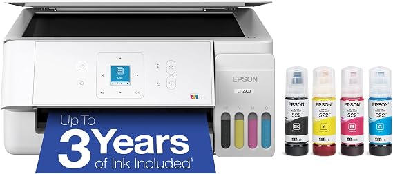 Epson EcoTank ET-2903 Wireless All-in-One Color Supertank Printer with up to 3 Years of Ink, Refillable Tanks, Perfect for Home, 11 PPM, 1.44" Color Screen, Built-in Scanner White