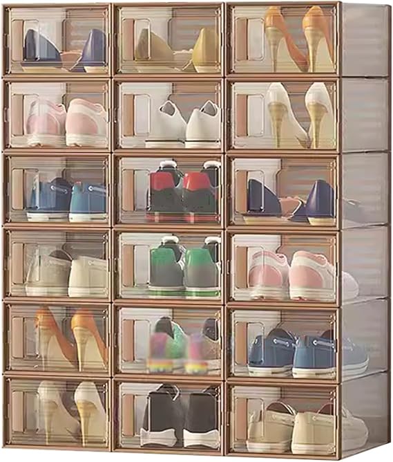 Shoe Boxes 18pack Shoe Storage Boxes, Clear Plastic Shoe Box with Magnetic Door, Space-Saving Sneakers Organizer Container, Easy to Assemble (Brown 35x23x14.5cm/18 Pack)