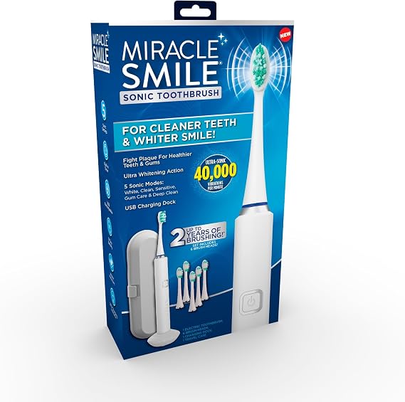 Miracle Smile Sonic Toothbrush, 40,000 VPM Electric Toothbrush with 5 Cleaning Modes, Includes 6 Brush Heads, USB Dock & Travel Case, Cordless, Water Resistant Rechargeable Toothbrush
