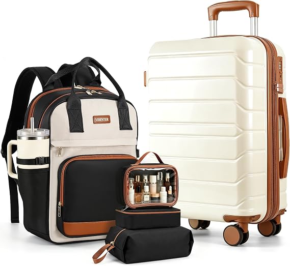 Luggage Set 2 Piece and 3 Small Bags, 22 Inch Carry On Suitcase | Expandable Carry-On luggage 22x14x9 Airline Approved, Removable Wheels, Suitcases for Women with Travel Backpack, Beige