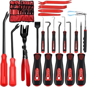 YEZriler 17 Pcs Mechanic Hook Pick Tool Set and Auto Trim Removal Tool Kit with Auto Clip Plier Rivets Puller Telescoping Magnetic Pickup Gasket Scraper for Remove Automotive Hand Pick Up Tools
