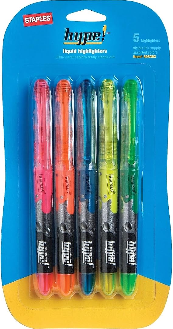 STAPLES Liquid Highlighters, Chisel Tip, Assorted Colors, 15 Pack Hype SmearResistant Highlighting Markers for Studying & Office Use