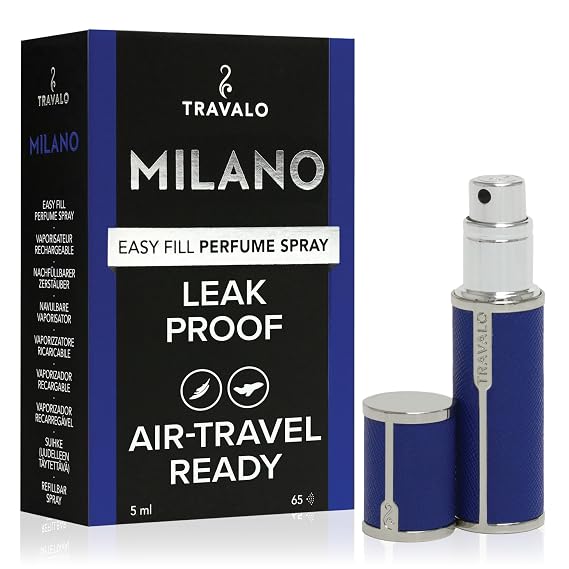Travalo Milano Perfume Atomizer - Leak-Proof and TSA Approved for Air Travel - Reusable, Airtight, Easy Fill Mini Pump Sprayer - Lightweight, Vegan Leather with Polished Metal Outer Shell - Blue