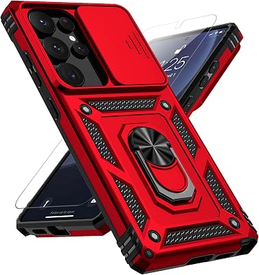 for Samsung Galaxy S25 Ultra Case with Slide Camera Cover HD Screen Protector [Military Grade Drop Tested] Magnetic Ring Holder Kickstand Protective Phone Case for Samsung Galaxy S25 Ultra 2025, Red