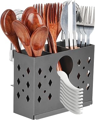 EOFJRUC Kitchen Utensil Holder with 3 Compartments – Stainless Steel Wall Mount & Countertop Organizer, Self-Adhesive Hanging Rack with Drain Tray, Gray Metal Caddy 3-Slots