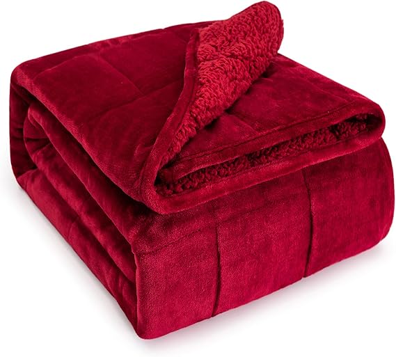 Sherpa Fleece Weighted Blanket for Adult 15lb Twin 48"x72" Burgundy | Better Sleep, Relax Body & Mind, Dual Sided Soft Fuzzy Heavy Throw Blankets, Plush Flannel Top, Chunky Fluffy, Warm Hug