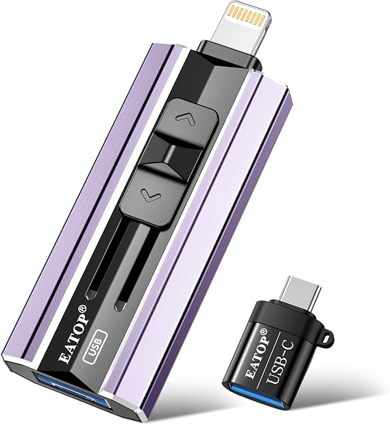 EATOP 256GB Flash Drive Intended for iPhone iPad, USB Photo Stick for Photo & Video Backup, External Phone Memory Storage, No App Required, Compatible with iOS, Android & PC, Purple