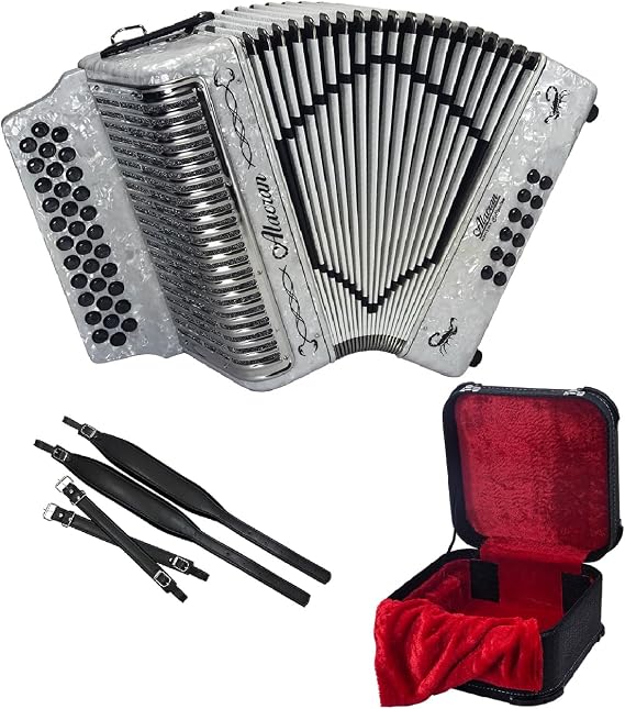 Alacran NAL3412 DLX Accordion Package: 34 Button, 12 Bass Accordion with Case and Straps (Mi/EAD, White Pearl)