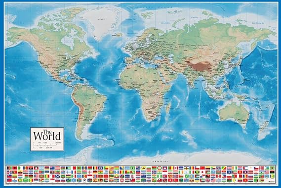 Laminated World Map Poster Country Countries Continents With Flags Decor Picture Poster Dry Erase Wall Art 24x36