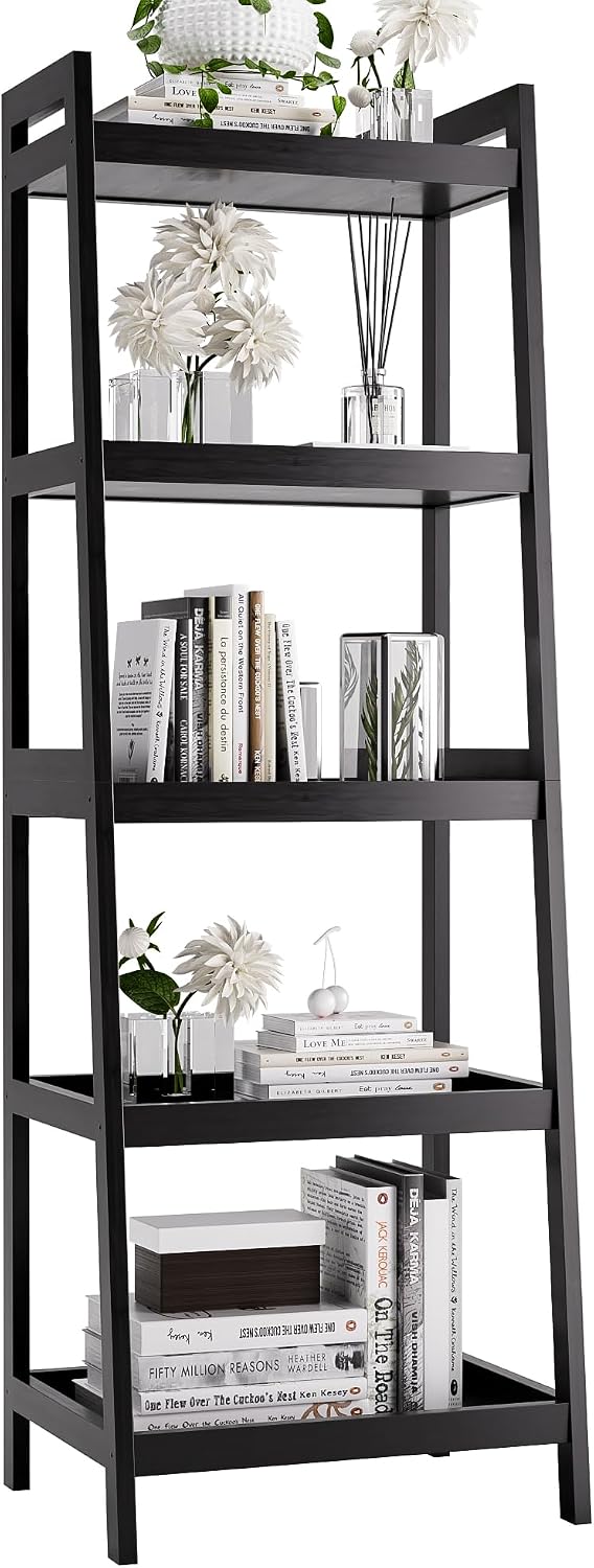 vovala Bookshelf 5-story ladder bookcase with bamboo frame detached high narrow display plant shelf for living room kitchen bedroom balcony black