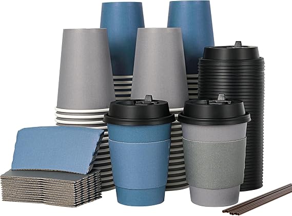 LITOPAK 100 Pack 12 oz Disposable Coffee Cups with Lid, Sleeve, Stirrers