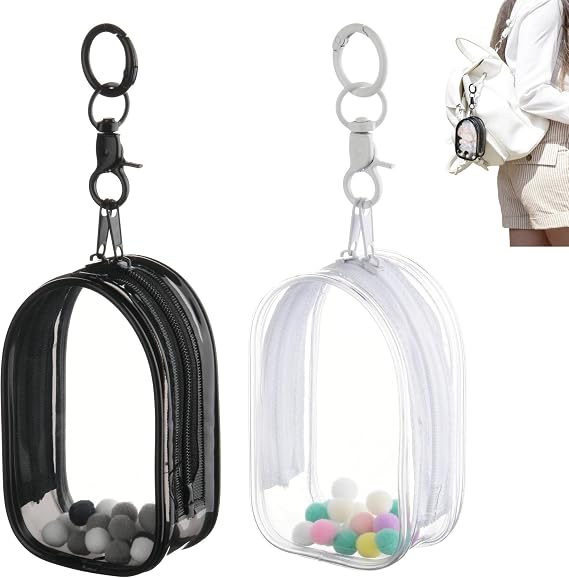 2 Pcs Clear Figure Display Bag for Blind Box Dolls Collectibles - Protective Carrying Case for Doll Hanging & Storage - Waterproof Plush Pouch Thicken Cover with Pompoms & Keychain (Small - 4" H)