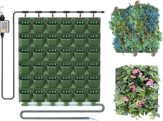 Self Watering Vertical Pocket Garden Wall 36Pcs, Vertical Living Green Wall with automatic irrigation system Planter Outdoor Hanging with timer Hanging Planter Bags