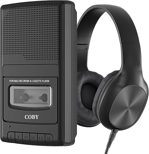 Coby Portable Cassette Player & Recorder with Over-Ear Headphones, Built-in Microphone, One-Touch Recording, Automatic Stop, Carry Handle Tape Playback & Voice Recording