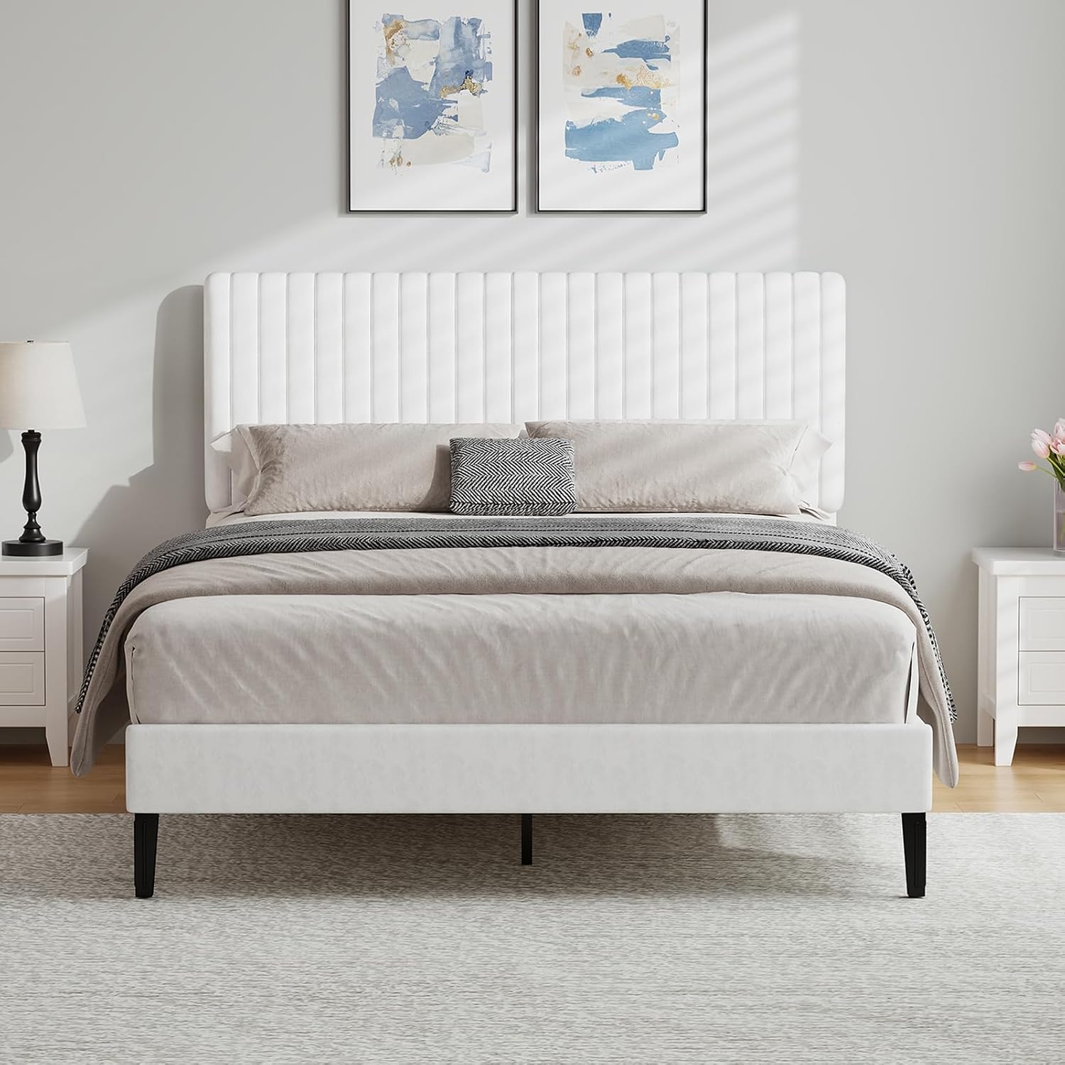 HOMBCK Double Bed Frame, Upholstered Platform Bed with Velvet Channel Tufted Headboard, Wood Slat Support, No Box Spring Needed, White, 135x190