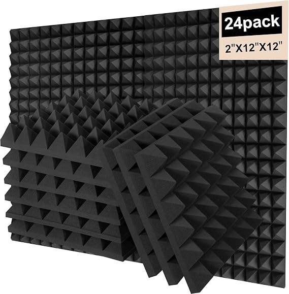 24 Pack Soundproof Wall Panels, Saiqiang Acoustic Foam， 2" x 12"x 12" Sound Panels Acoustic Panels Sound Absorbing Black Sound Proof Panels for Walls Pyramid Soundproofing Studio Foam