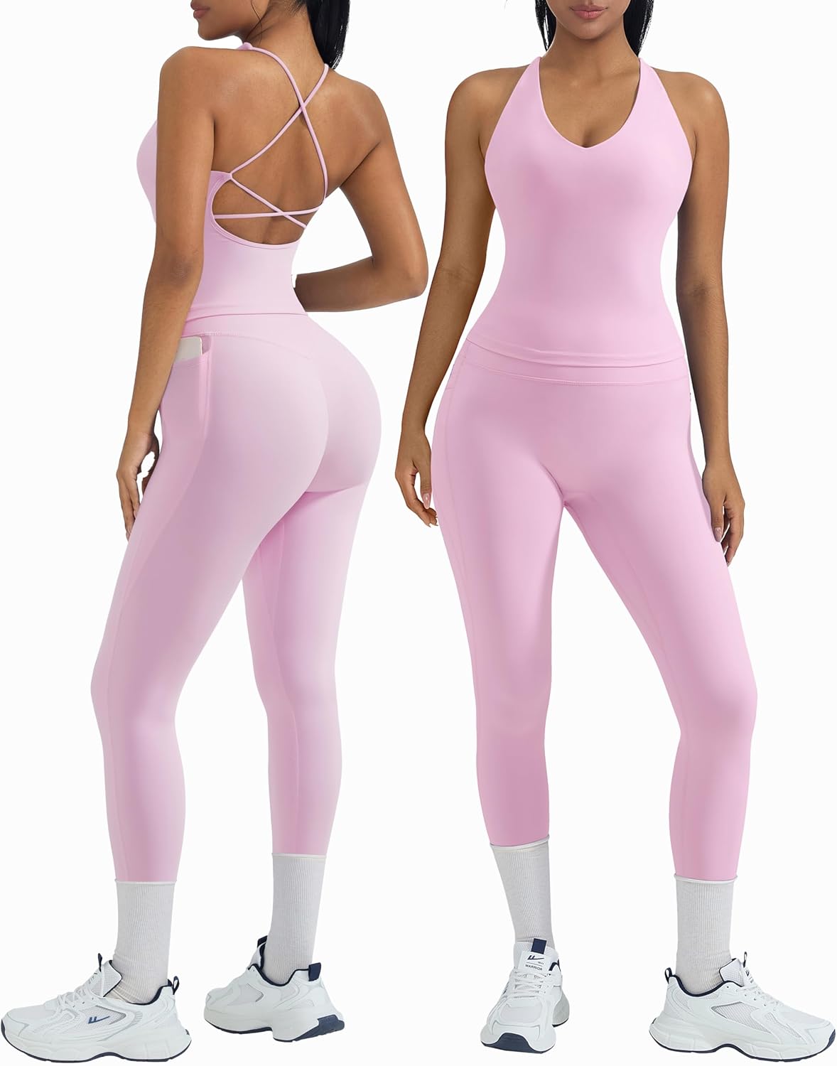 OMKAGI 2 Piece Workout Sets for Women Padded Workout Tops Booty Leggings with Pockets Gym Sets